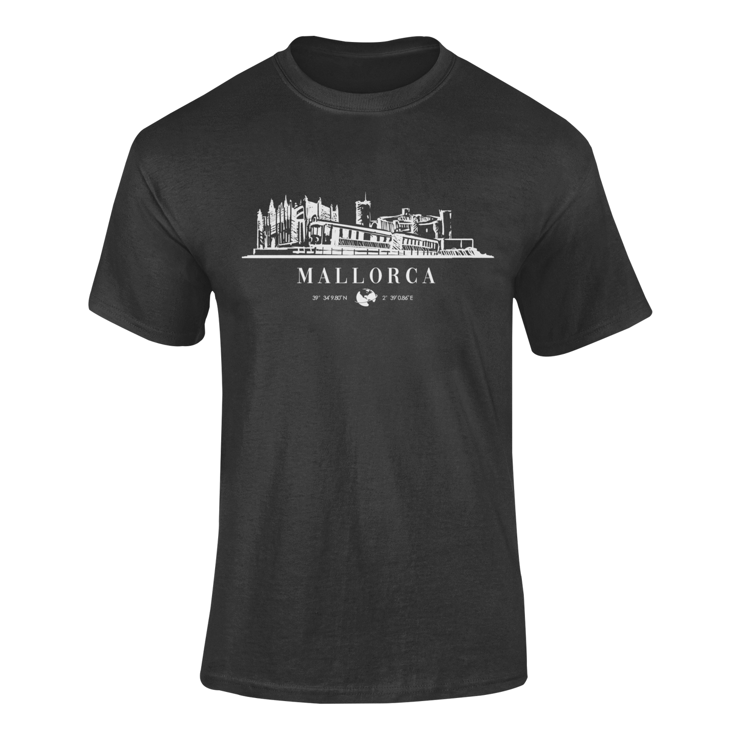 Camiseta negra con diseño elegante del skyline de Mallorca en blanco, el nombre de la isla, una esfera del globo terráqueo y sus coordenadas.