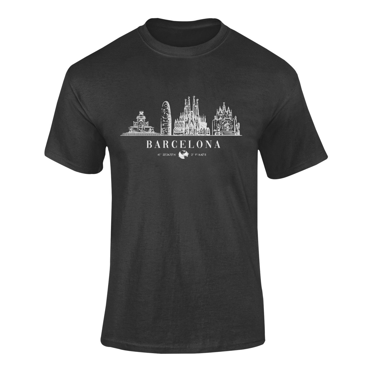 Camiseta negra con diseño detallado del skyline de Barcelona en blanco, el nombre de la ciudad, una esfera del globo terráqueo y sus coordenadas.