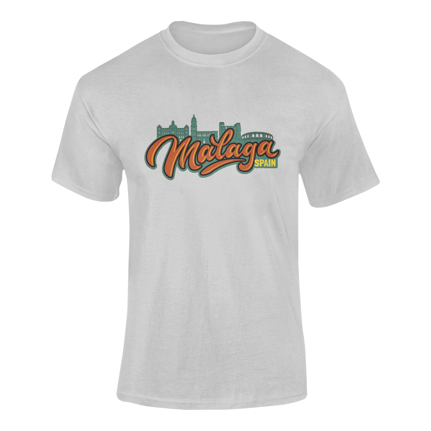 Camiseta gris claro con el diseño del skyline de Málaga en tonos vibrantes, destacando el nombre Málaga. Souvenir sostenible para viajeros de la Costa del Sol.