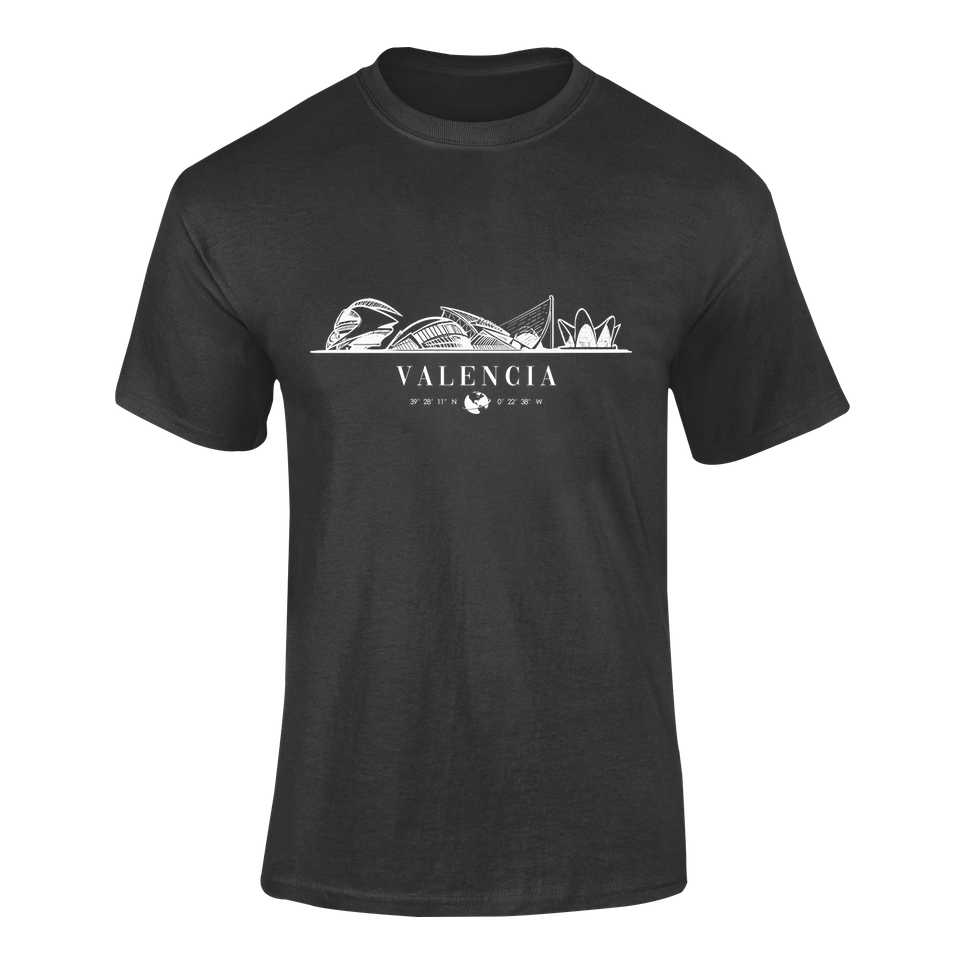 Camiseta negra con diseño minimalista del skyline de Valencia en blanco, el nombre de la ciudad, una esfera del globo terráqueo y sus coordenadas."
