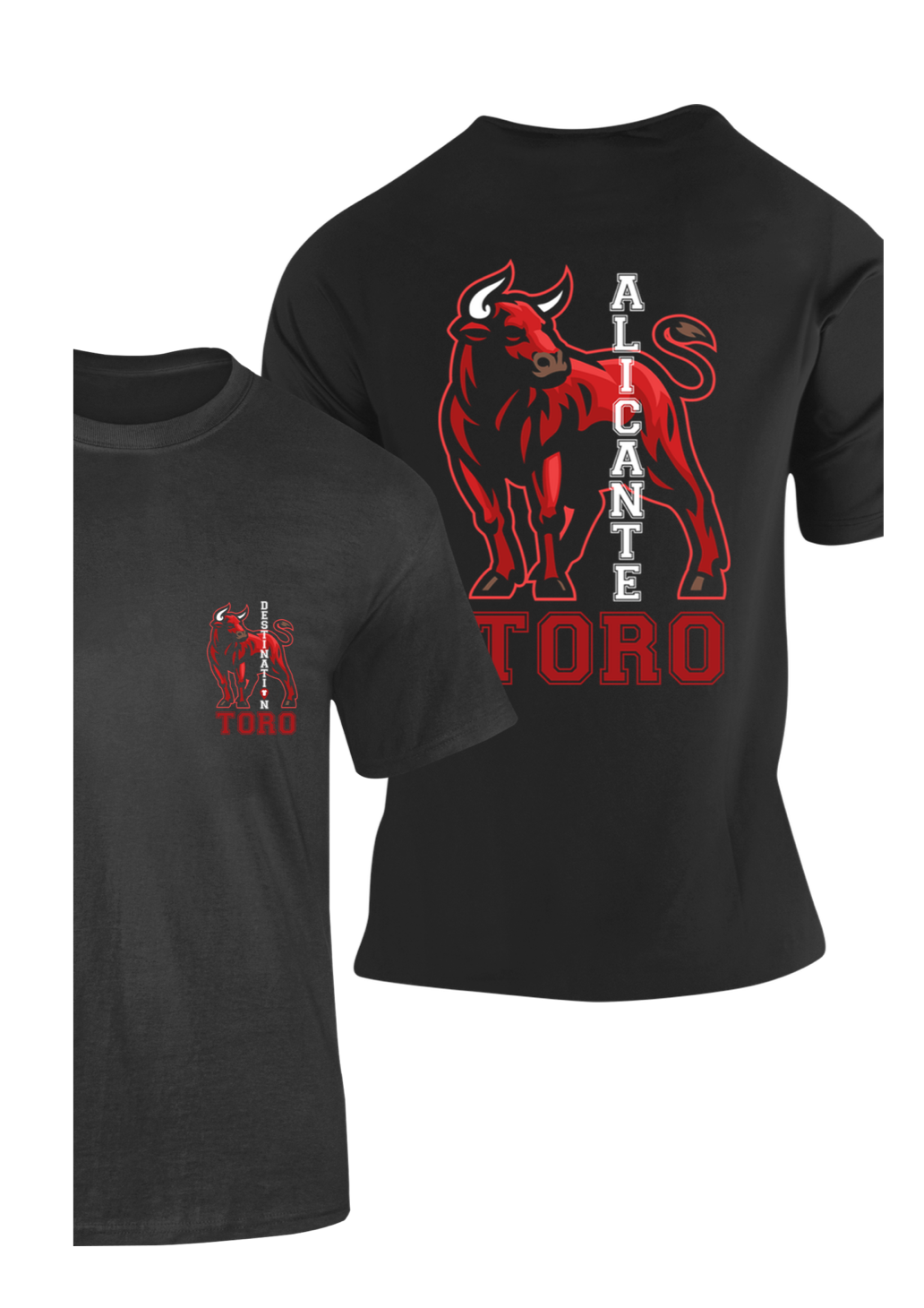 Camiseta negra de algodón con diseño gráfico de un toro rojo y los textos 'Alicante' y 'Toro'. Ideal como souvenir auténtico de Alicante.