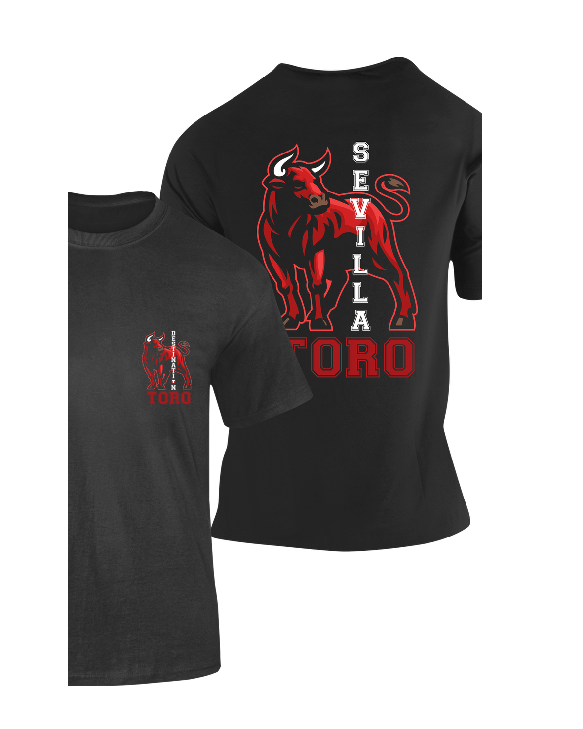 camiseta negra con toro rojo y la palabra sevilla en blanco. ideal para regalo como souvenir.