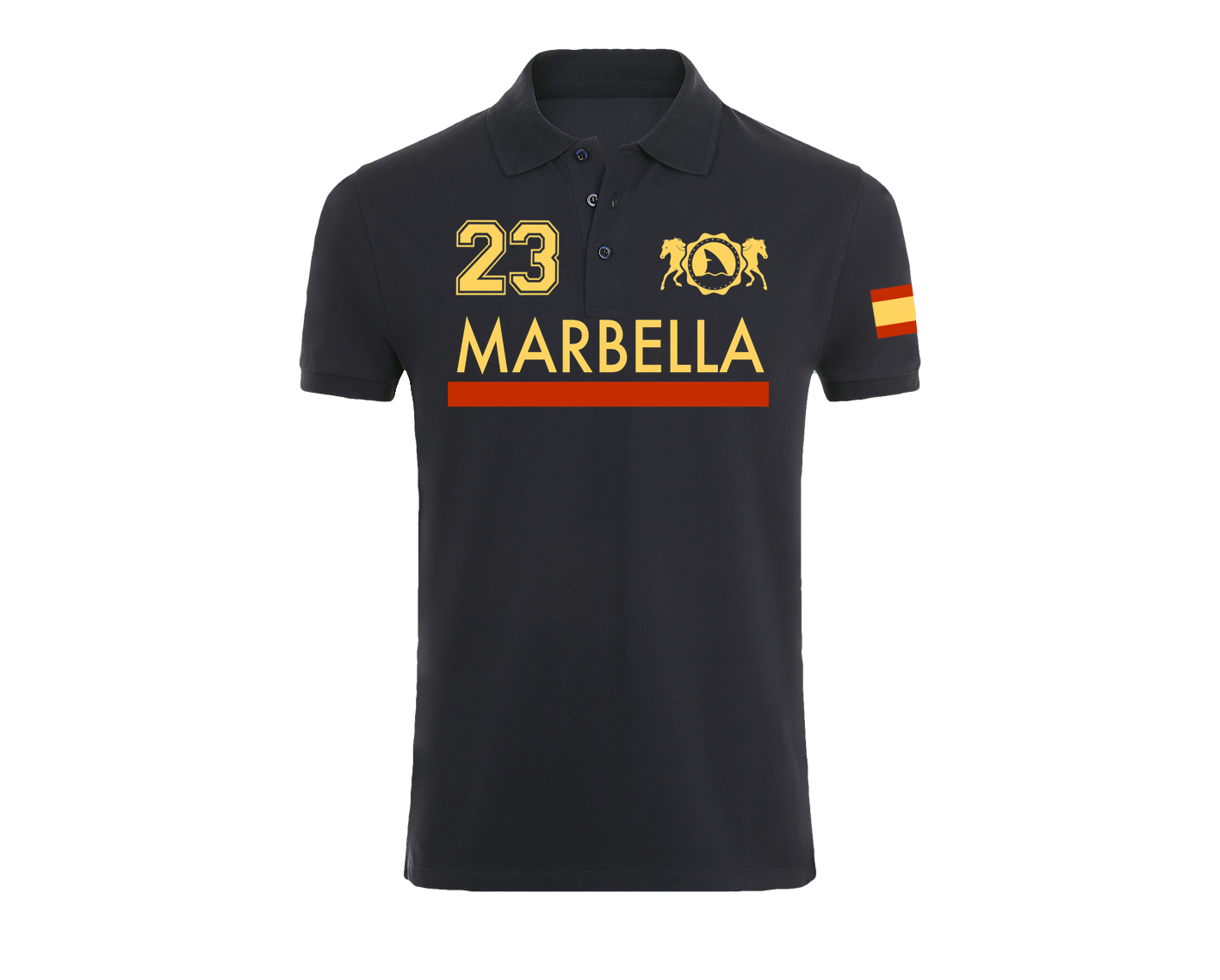 Polo azul marino Marbella 23 con la bandera de España en la manga y diseño elegante con el nombre de la ciudad.