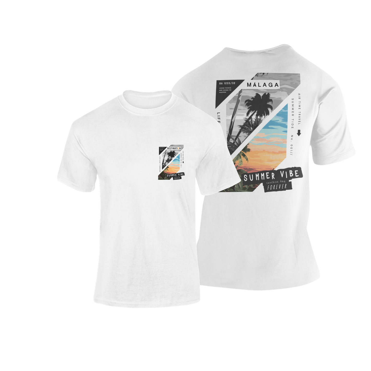 Camiseta blanca de algodón con diseño tropical, puesta de sol y palmeras. Incluye el texto 'Málaga' y el lema 'Summer Vibe Forever'. Perfecta como souvenir para viajeros.