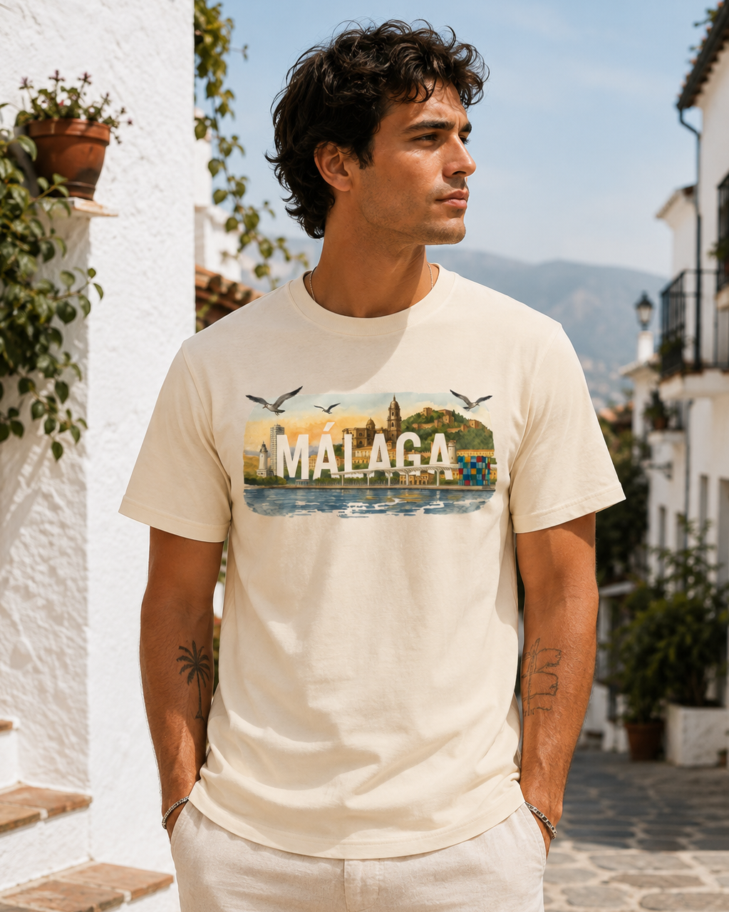 Modelo con Camiseta Acuarela Málaga color natural, diseño de skyline de Málaga – Destination.es
