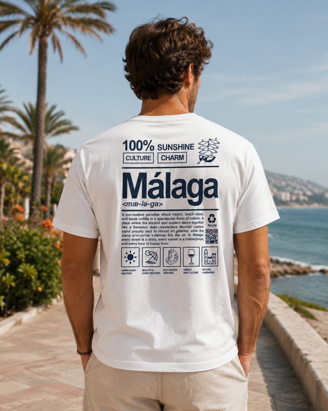 Modelo con Camiseta City Definition Málaga blanca, diseño con iconos representativos de la ciudad – Destination.es
