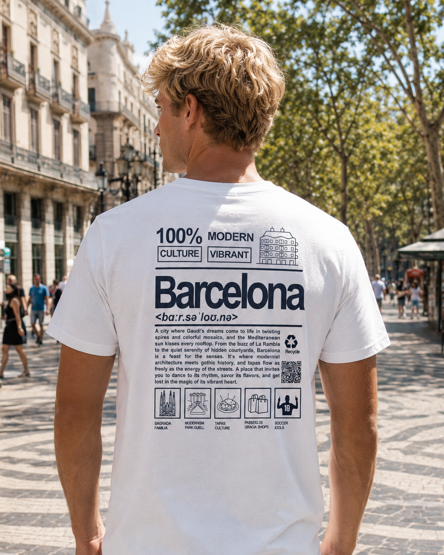 Detalle del bolsillo de la Camiseta Definición Barcelona con logo y código de barras – Destination.es