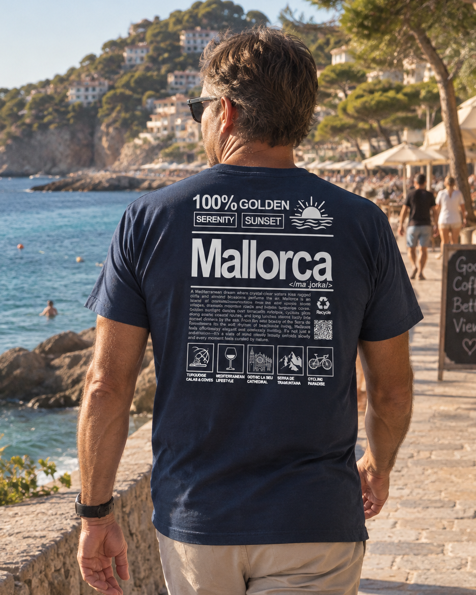 Modelo con Camiseta Definición Mallorca azul marino, diseño estilo definición de diccionario – Destination.es