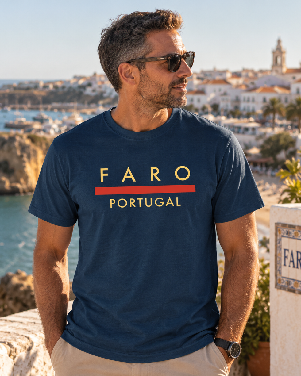 Modelo con Camiseta Línea Roja Faro azul marino, diseño "Faro Portugal" – Destination.es