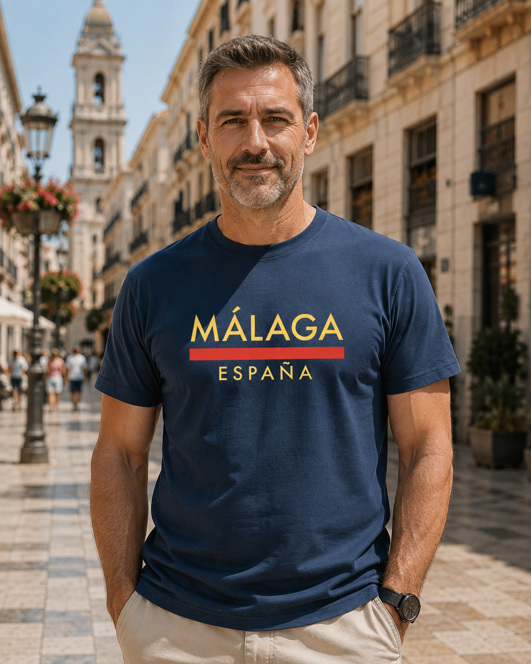 Modelo con Camiseta Línea Roja Málaga azul marino, diseño "Málaga España" – Destination.es