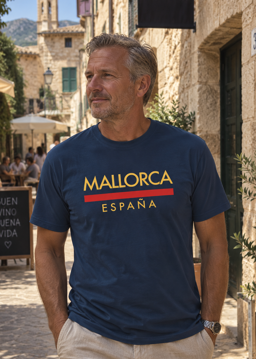 Modelo con Camiseta Línea Roja Mallorca azul marino, diseño "Mallorca España" – Destination.es