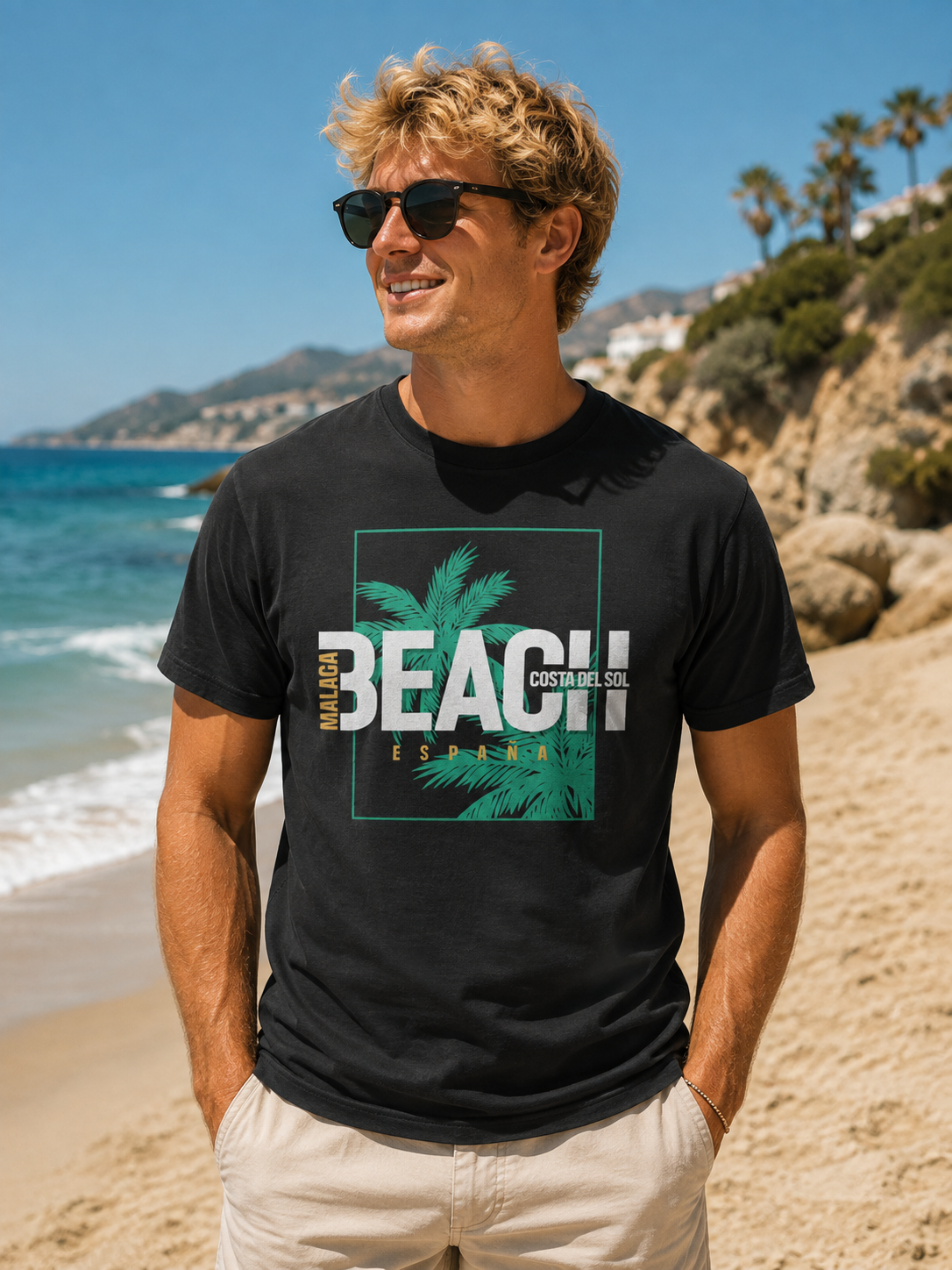 Modelo con Camiseta Málaga Beach negra, diseño "Beach Costa del Sol España" – Destination.es