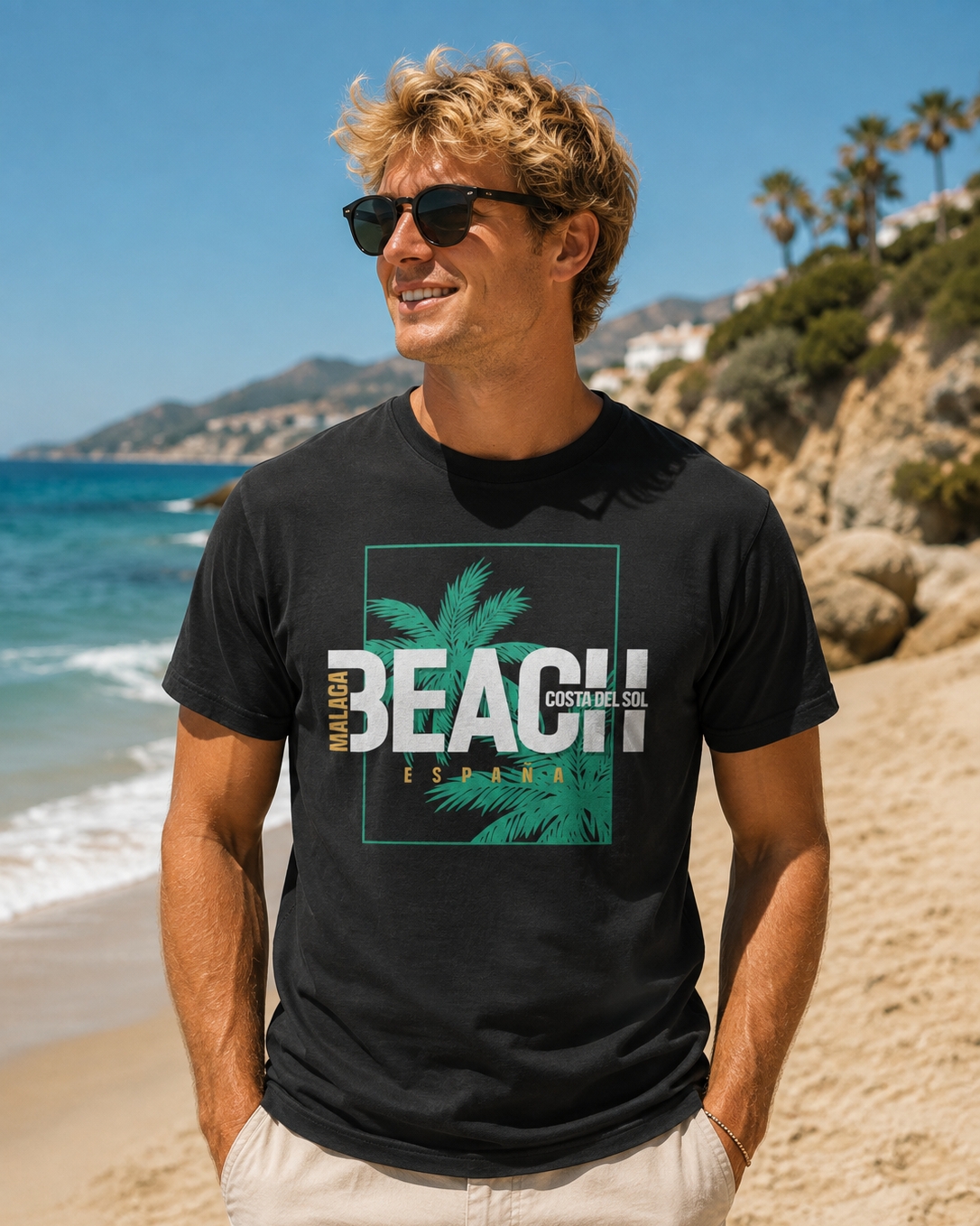 Modelo con Camiseta Málaga Beach negra, diseño "Beach Costa del Sol España" – Destination.es