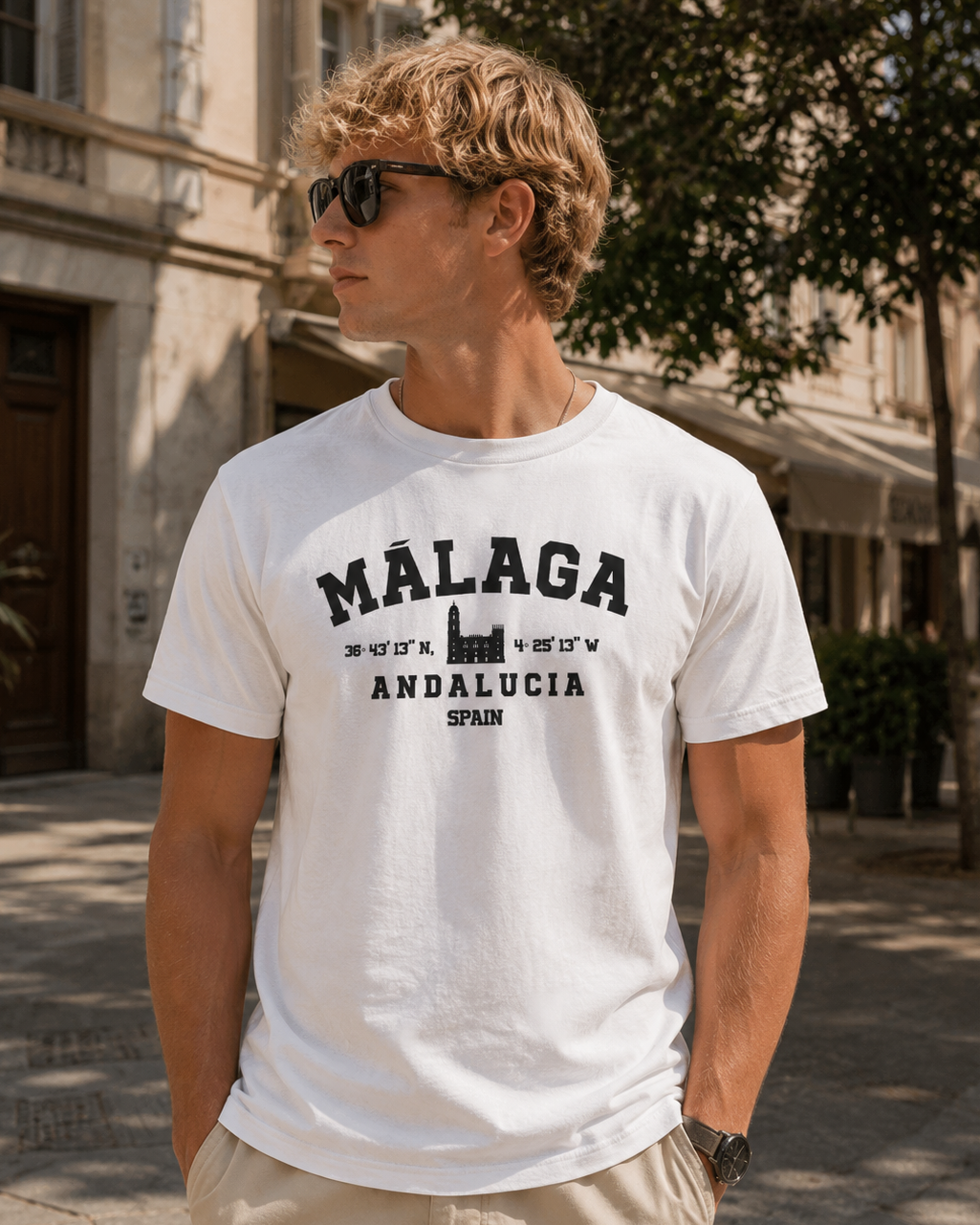 Modelo con Camiseta Málaga Coordenadas blanca, diseño varsity "Málaga Andalucía Spain" – Destination.es