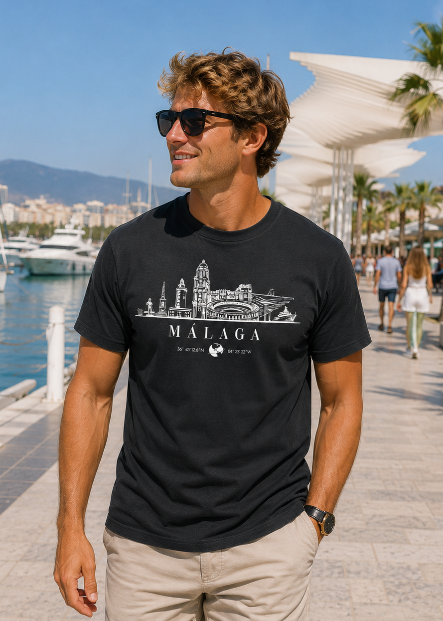 Modelo con Camiseta Málaga Skyline negra, diseño de skyline y coordenadas – Destination.es