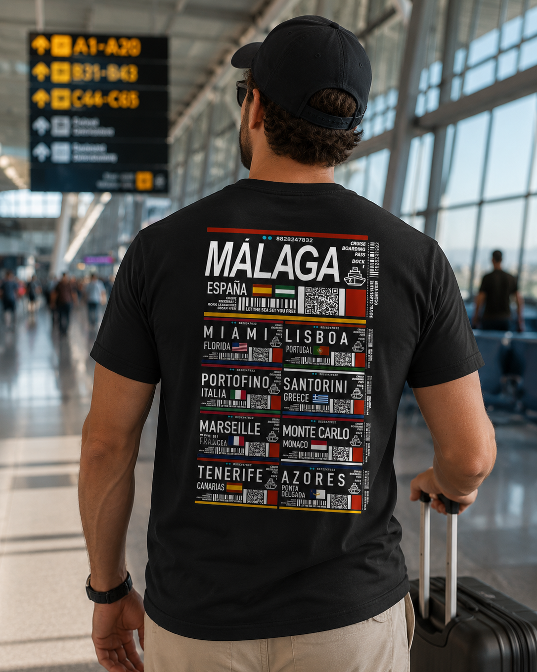 Modelo con Camiseta Multiboarding Málaga negra, diseño de pase de embarque estilo crucero – Destination.es