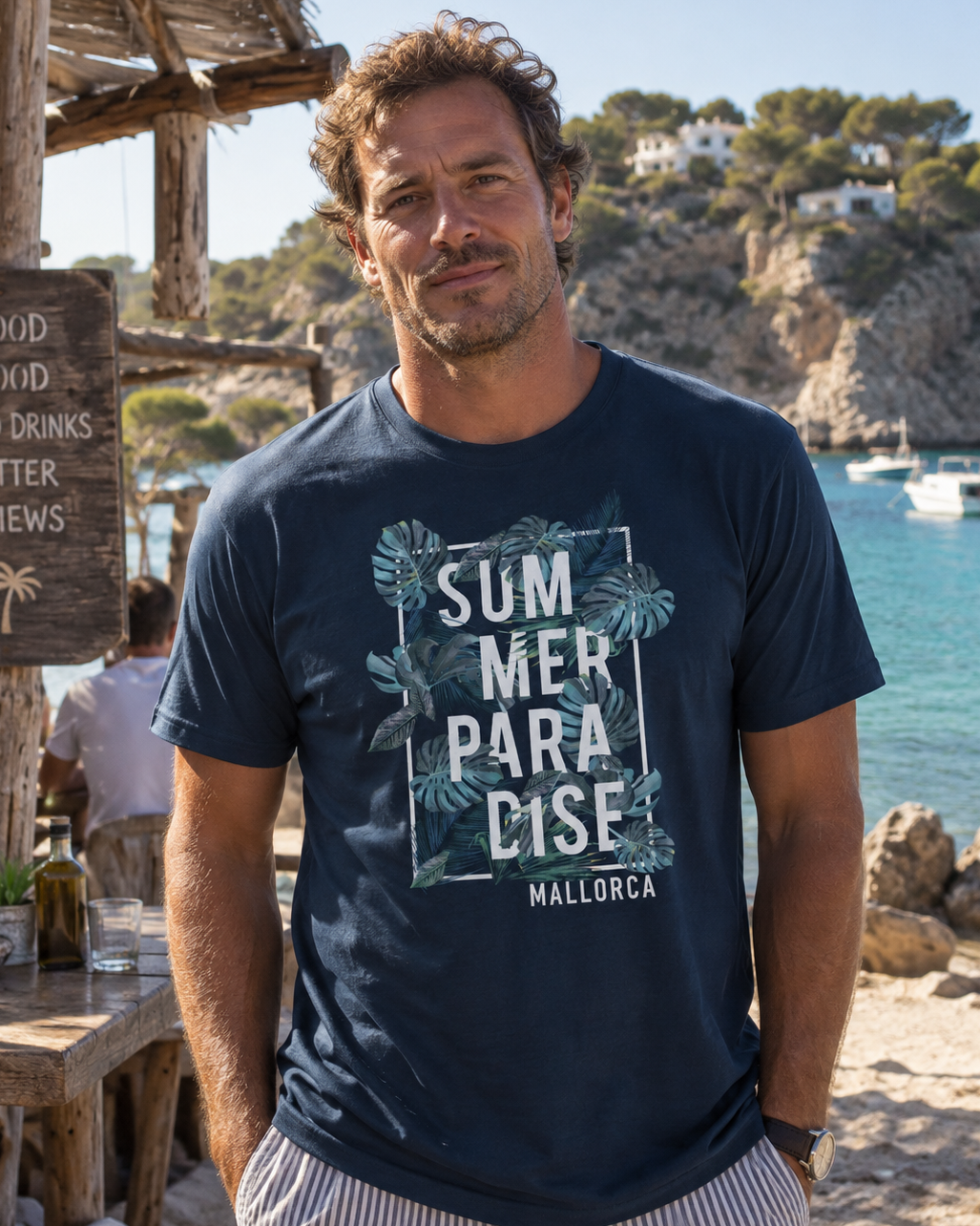 Modelo con Camiseta Summer Paradise Mallorca azul marino, diseño tropical – Destination.es