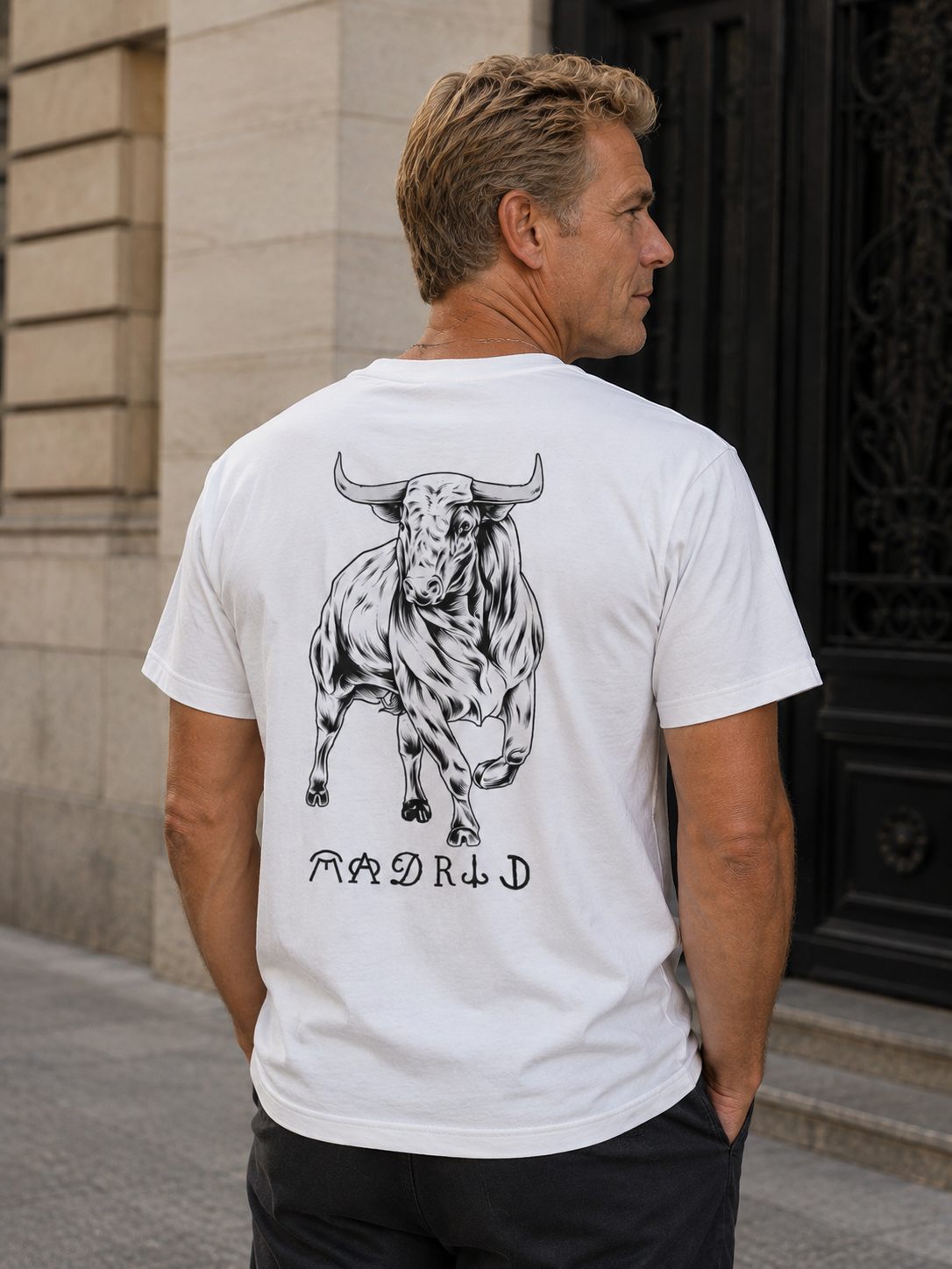 Modelo con Camiseta Toro Bravo Madrid blanca, diseño de toro bravo ilustrado – Destination.es