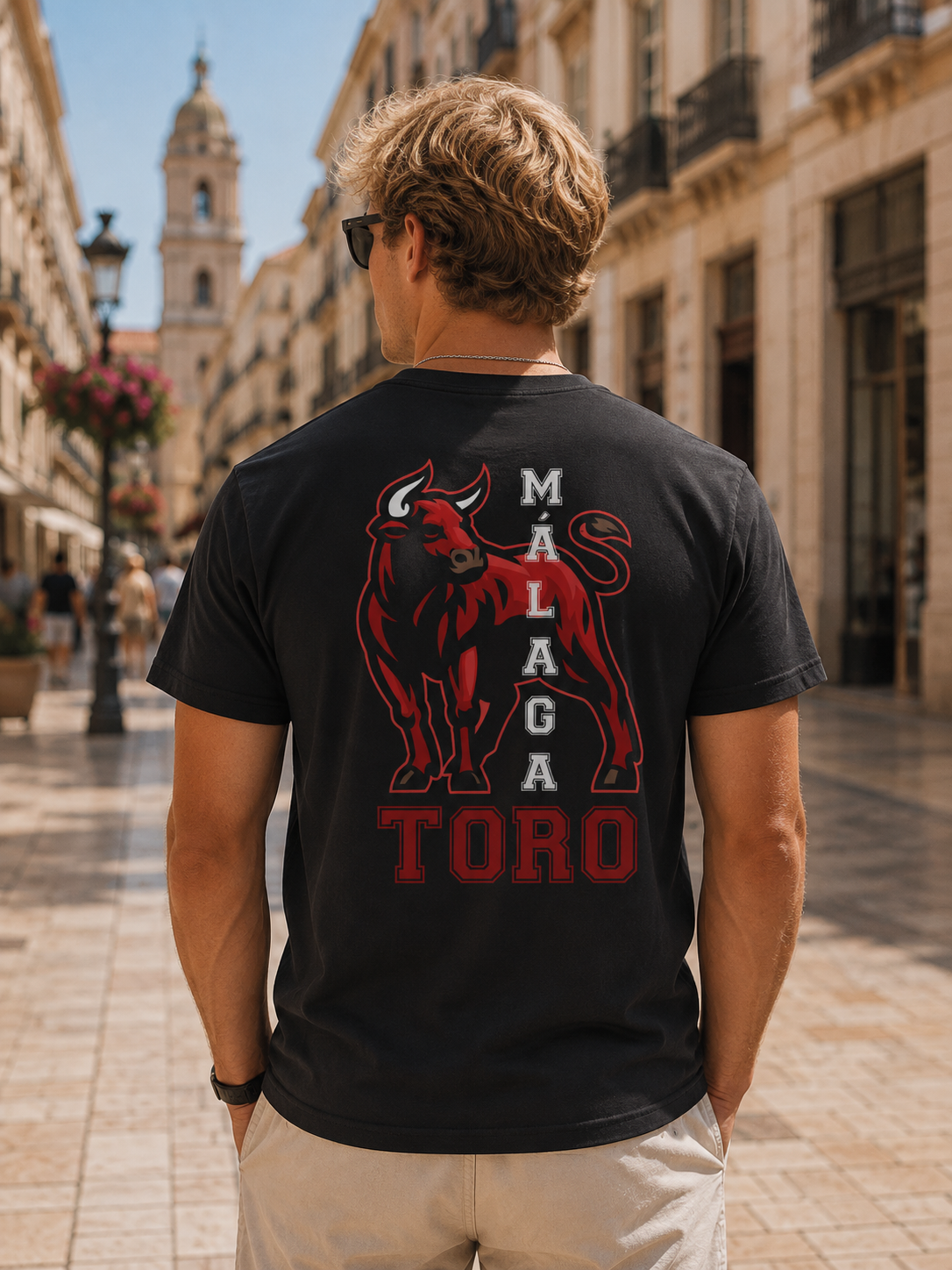 Modelo con Camiseta Toro Málaga negra, diseño mascota de toro en espalda – Destination.es