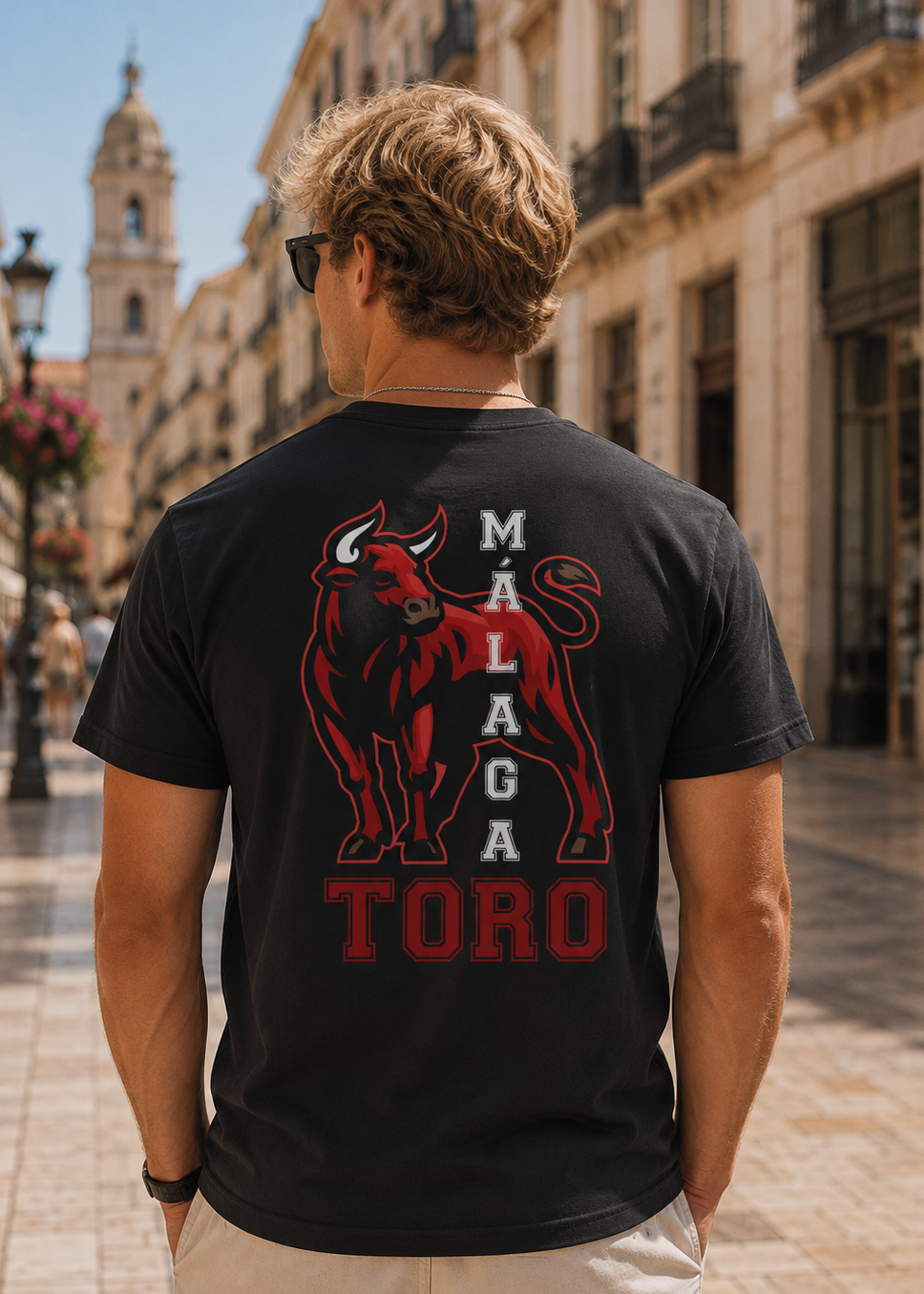 Modelo con Camiseta Toro Málaga negra, diseño mascota de toro en espalda – Destination.es