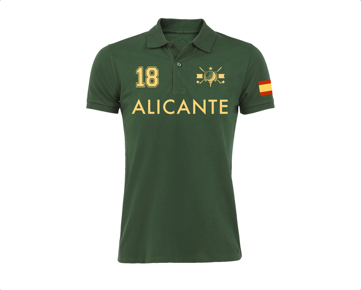 Polo verde Alicante 18 con la bandera de España en la manga y diseño elegante con el nombre de la ciudad.