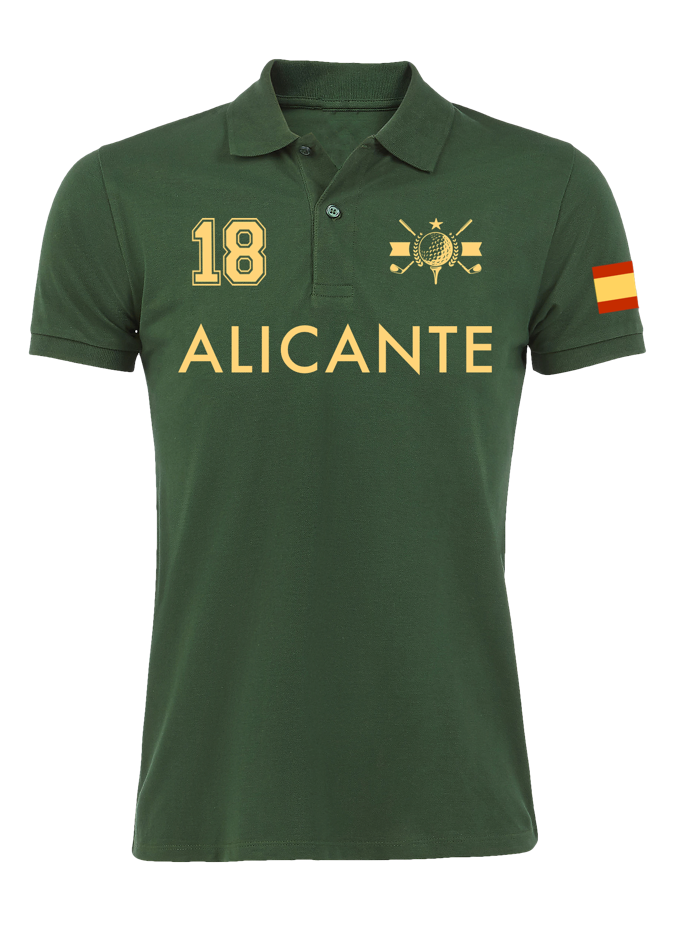 Polo verde Alicante 18 con la bandera de España en la manga y diseño elegante con el nombre de la ciudad.