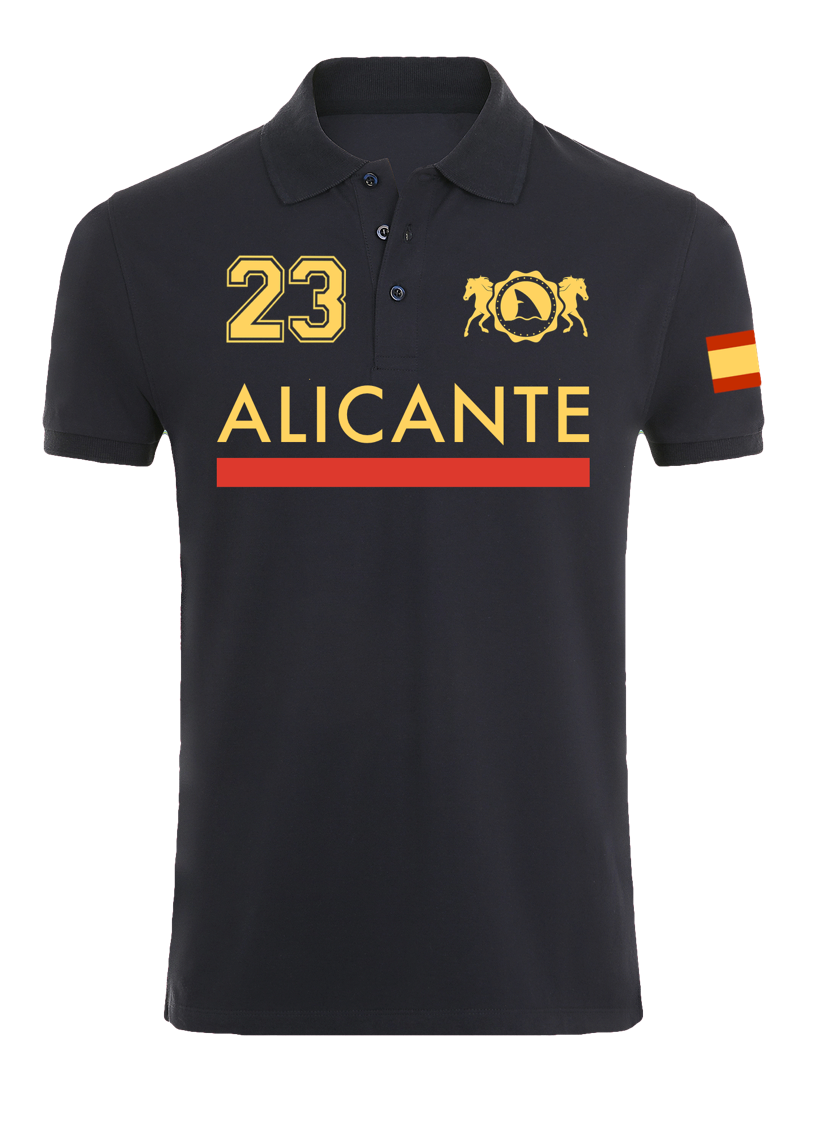 Polo azul marino Alicante 23 con la bandera de España en la manga y diseño elegante con el nombre de la ciudad.