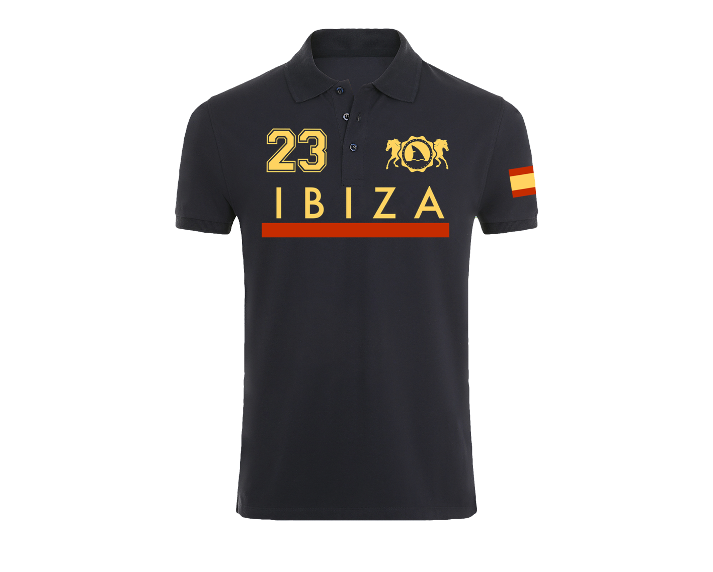 Polo azul marino Ibiza 23 con la bandera de España en la manga y diseño elegante con el nombre de la ciudad.