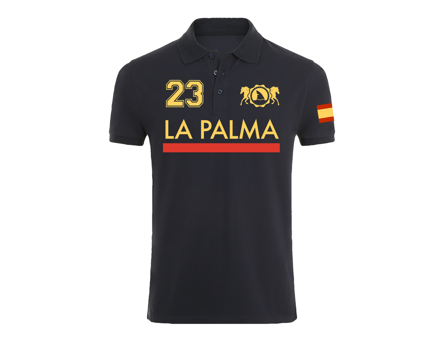Polo azul marino La Palma 23 con la bandera de España en la manga y diseño elegante con el nombre de la ciudad.
