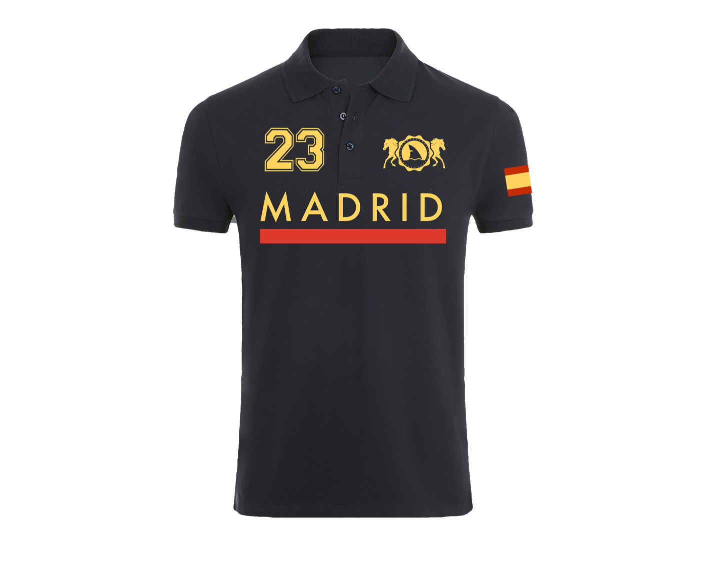 Polo azul marino Madrid 23 con la bandera de España en la manga y diseño elegante con el nombre de la ciudad.