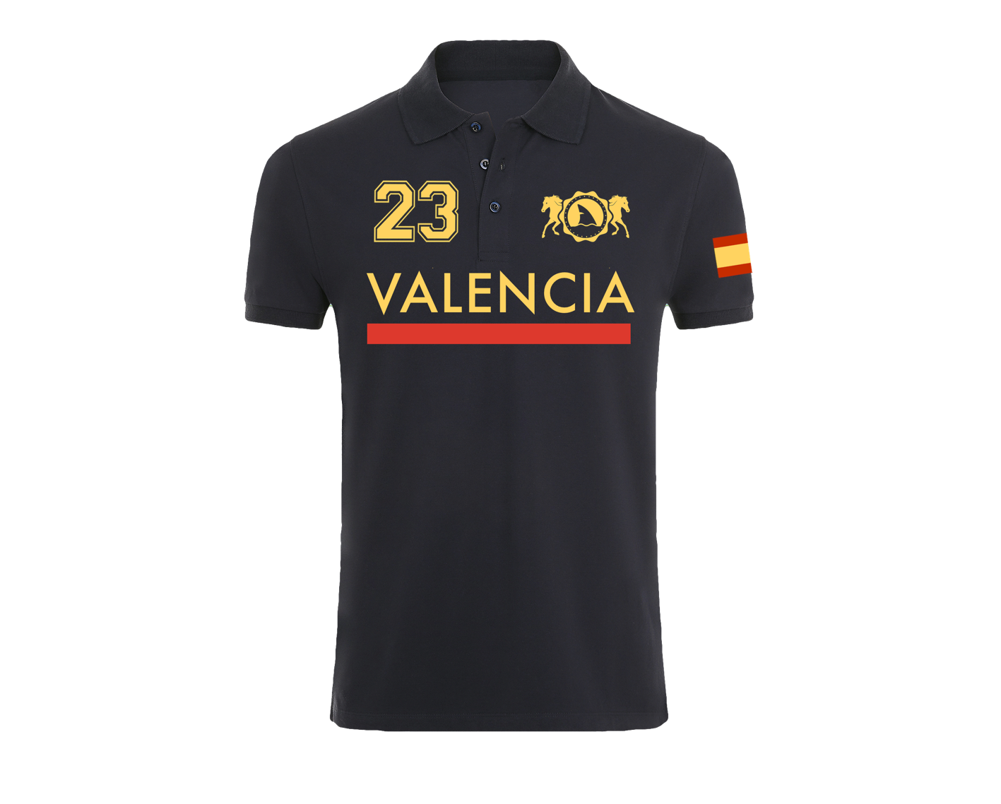 Polo azul marino Valencia 23 con la bandera de España en la manga y diseño elegante con el nombre de la ciudad.