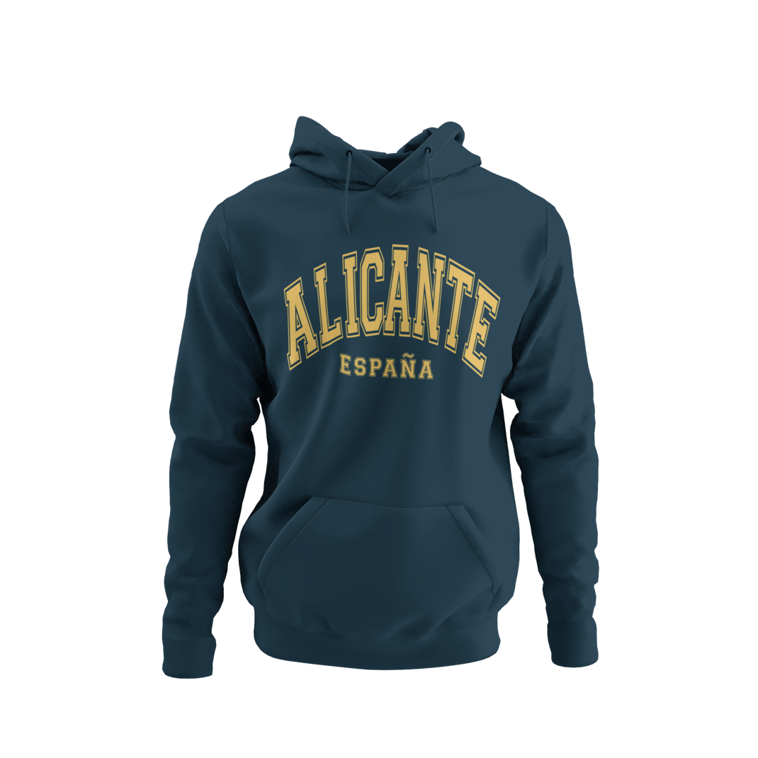 Sudadera azul con capucha y diseño universitario que dice "Alicante España", ideal como recuerdo de viaje o regalo.