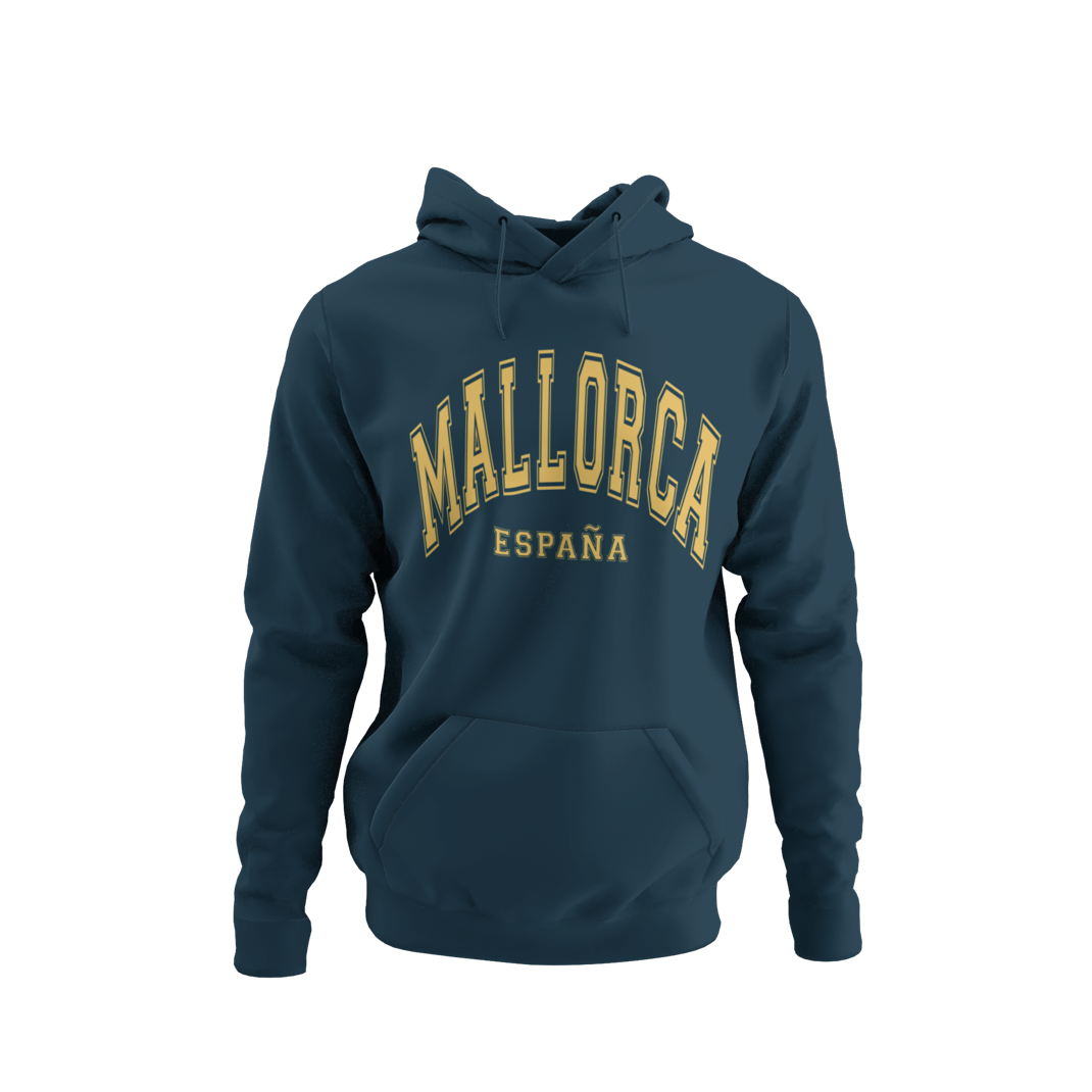 Sudadera azul con capucha y diseño universitario que dice "Mallorca España", ideal como recuerdo de viaje o regalo.