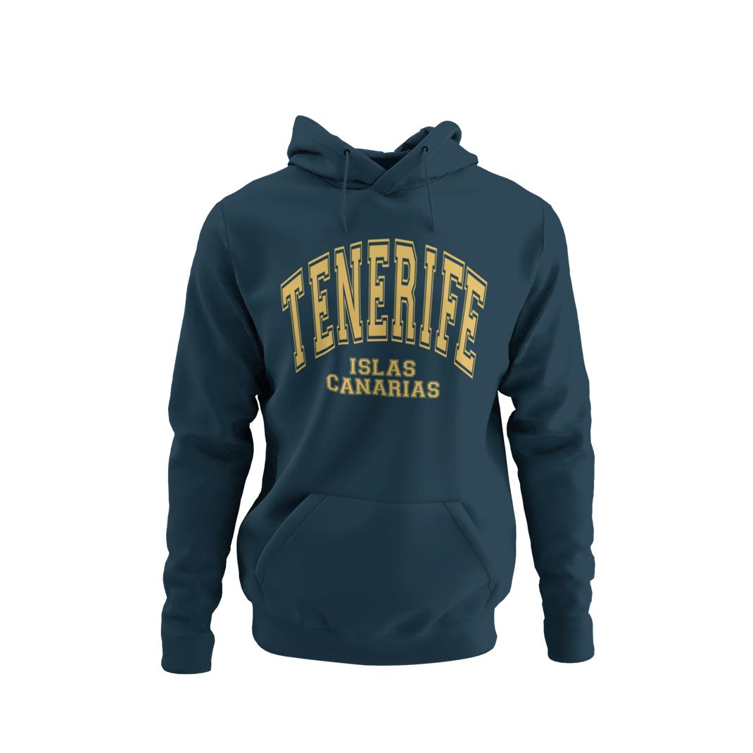 Sudadera azul con capucha y diseño universitario que dice "Tenerife España", ideal como recuerdo de viaje o regalo.