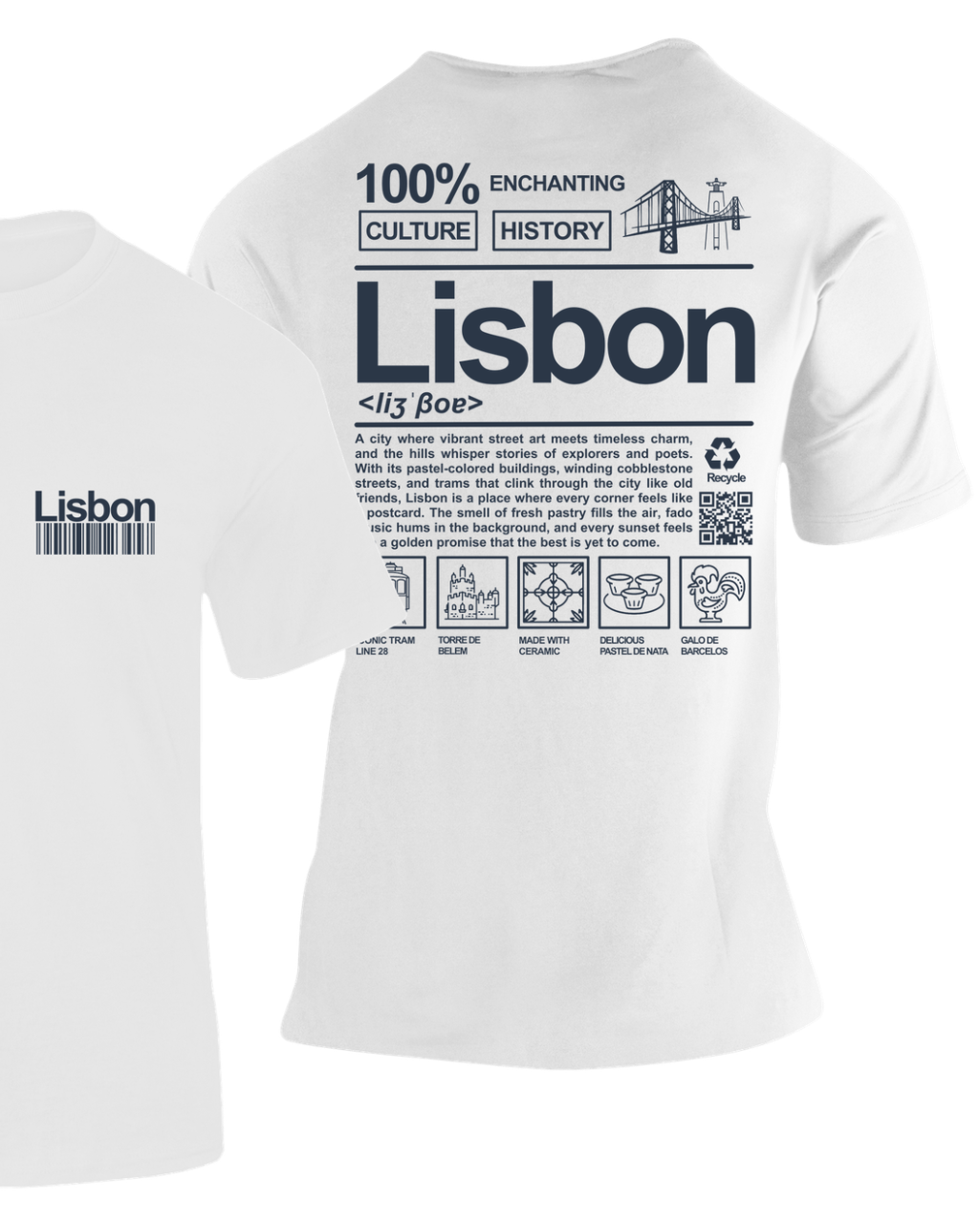 Camiseta Lisboa Portugal blanca con estampado tipo definición en la espalda y logo en el pecho