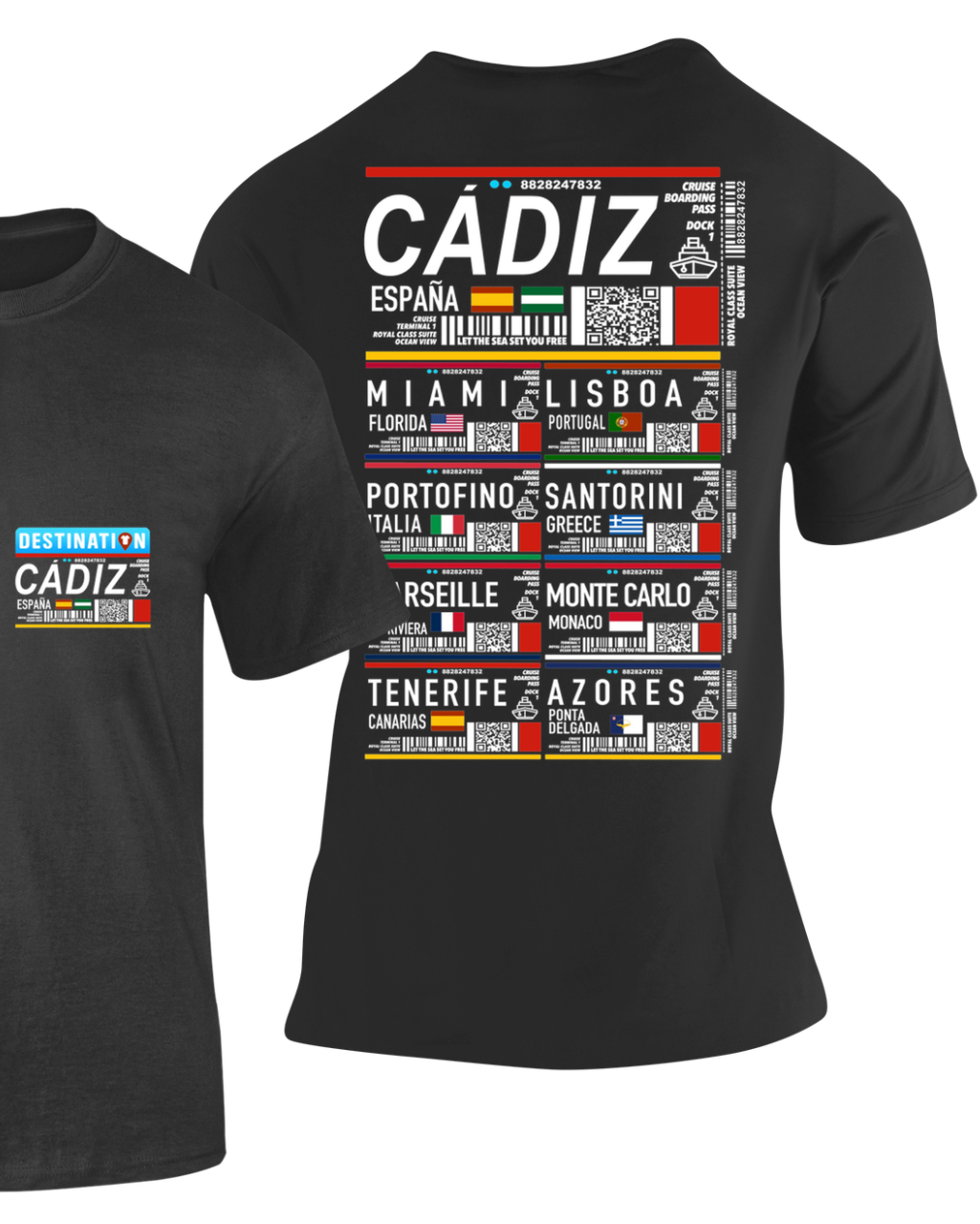 Camiseta Cádiz negra con estampado cruise boarding pass en la espalda y logo en el pecho