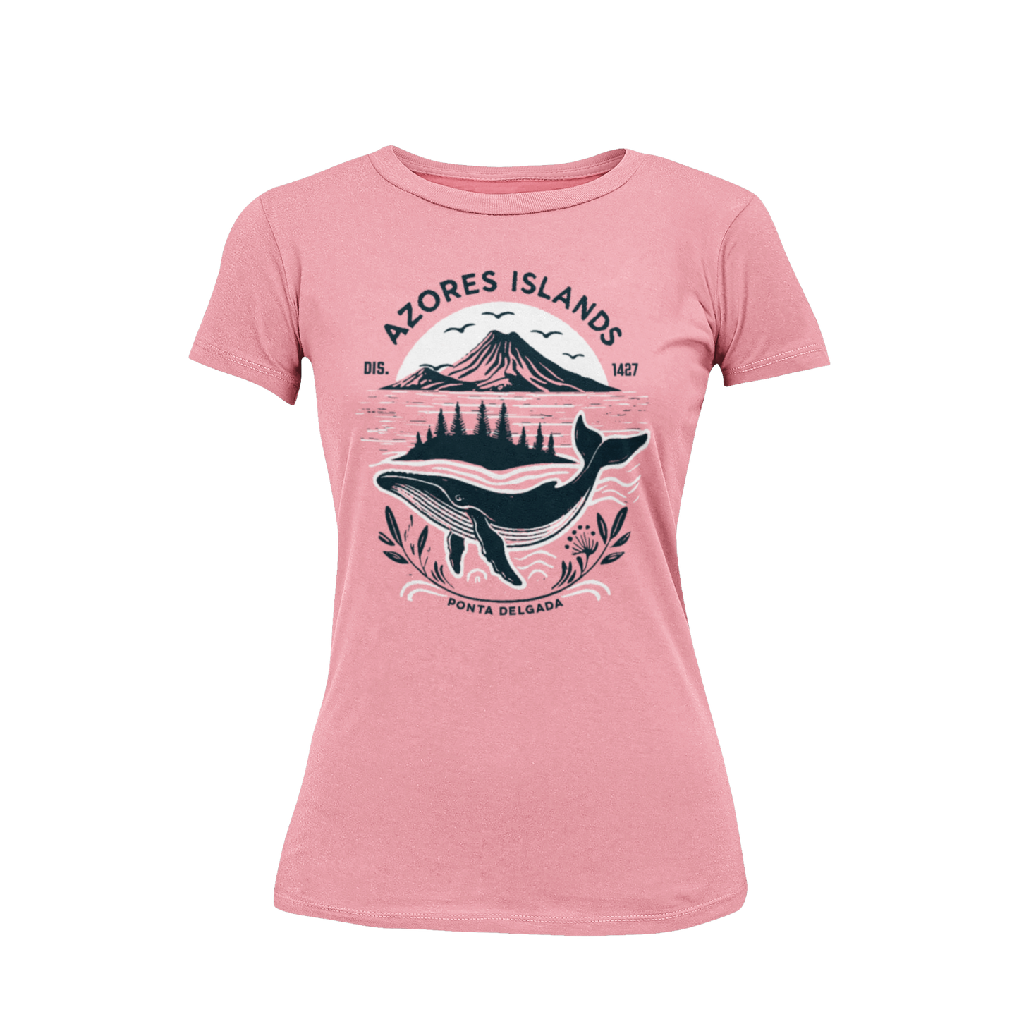 Camiseta rosa de algodón para mujer con diseño de montaña volcánica, ballena y Ponta Delgada. Corte femenino, suave y transpirable, perfecta como souvenir o regalo de las Azores.