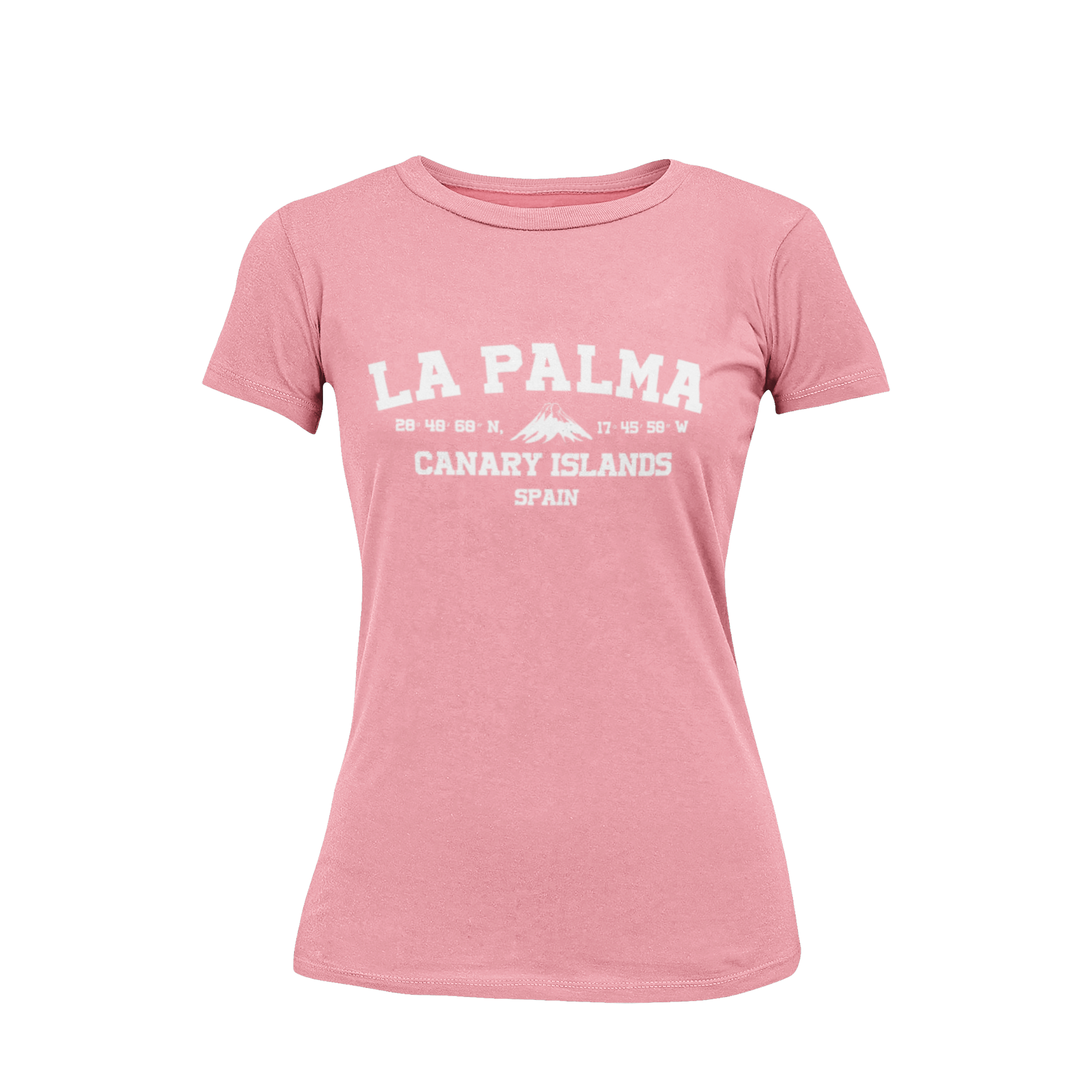 Camiseta coral para mujer con un diseño exclusivo que muestra las coordenadas y el paisaje icónico de La Palma. Prenda de algodón orgánico con corte ajustado, ideal como recuerdo de la Isla Bonita.