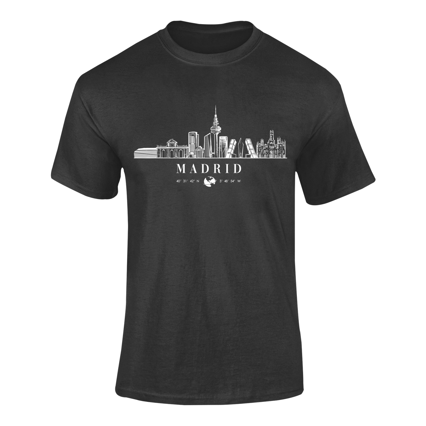 Camiseta negra con diseño moderno del skyline de Madrid en blanco, el nombre de la ciudad, una esfera del globo terráqueo y sus coordenadas.