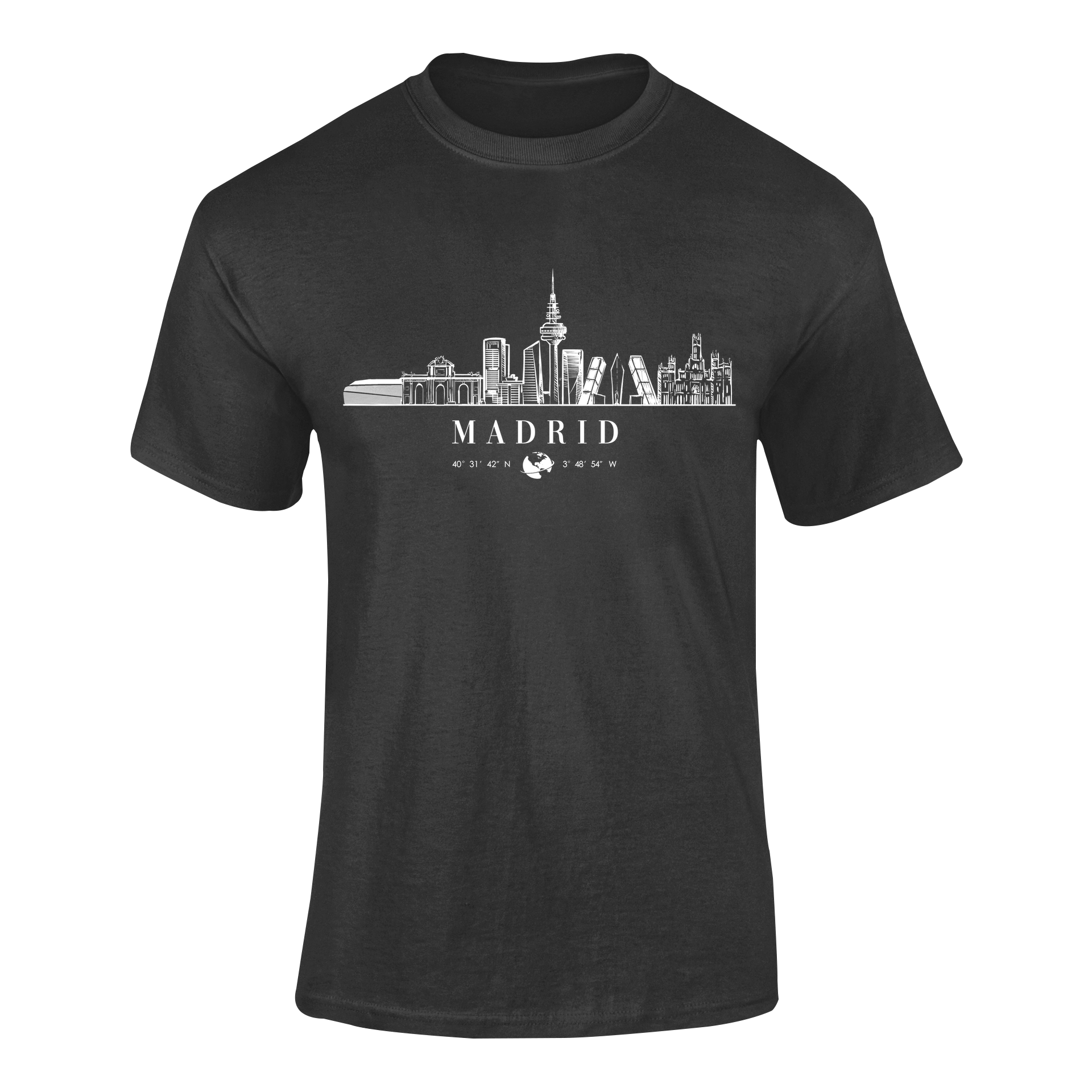 Camiseta negra con diseño moderno del skyline de Madrid en blanco, el nombre de la ciudad, una esfera del globo terráqueo y sus coordenadas.