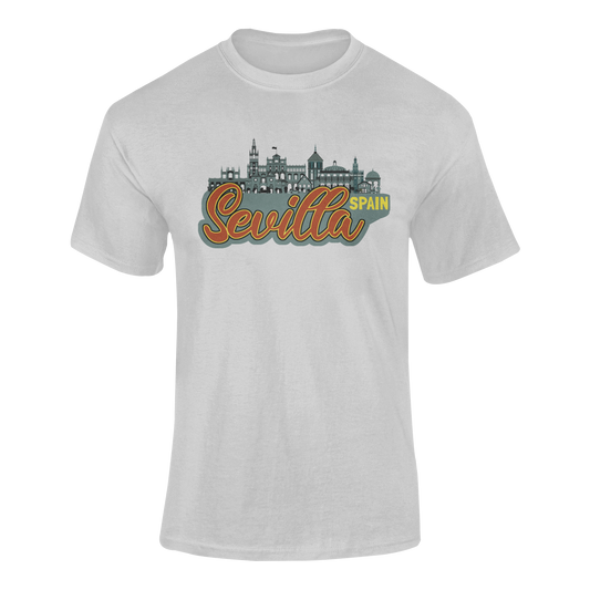 Camiseta gris claro con el skyline de Sevilla diseñado en colores vivos, acompañada del nombre Sevilla. Ideal como recuerdo ecológico para turistas.