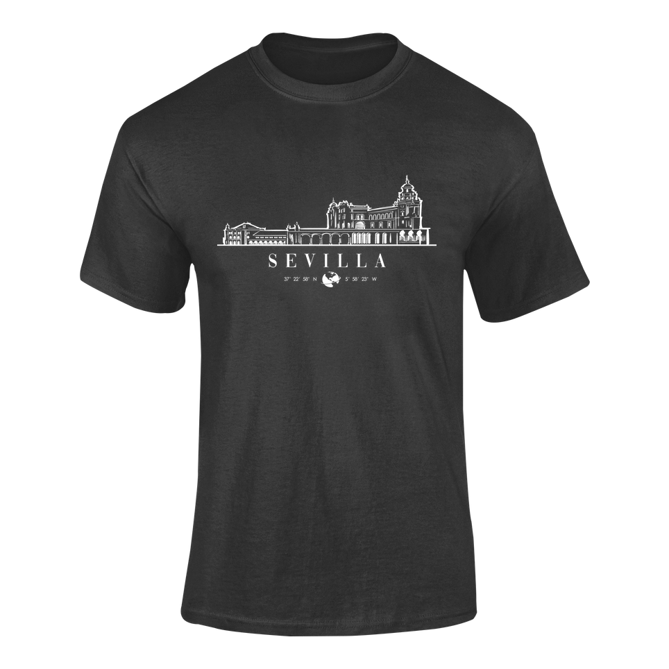 Camiseta negra con diseño elegante del skyline de Sevilla en blanco, el nombre de la ciudad, una esfera del globo terráqueo y sus coordenadas.