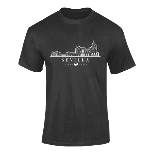 Camiseta negra con diseño elegante del skyline de Sevilla en blanco, el nombre de la ciudad, una esfera del globo terráqueo y sus coordenadas.