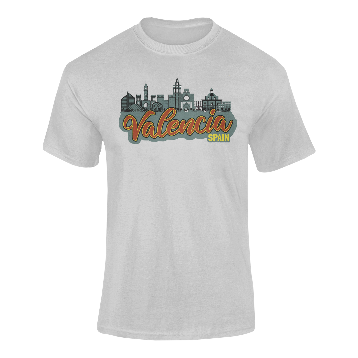 Camiseta gris claro con diseño llamativo del skyline de Valencia y el nombre Valencia destacado. Recuerdo único y sostenible para viajeros.