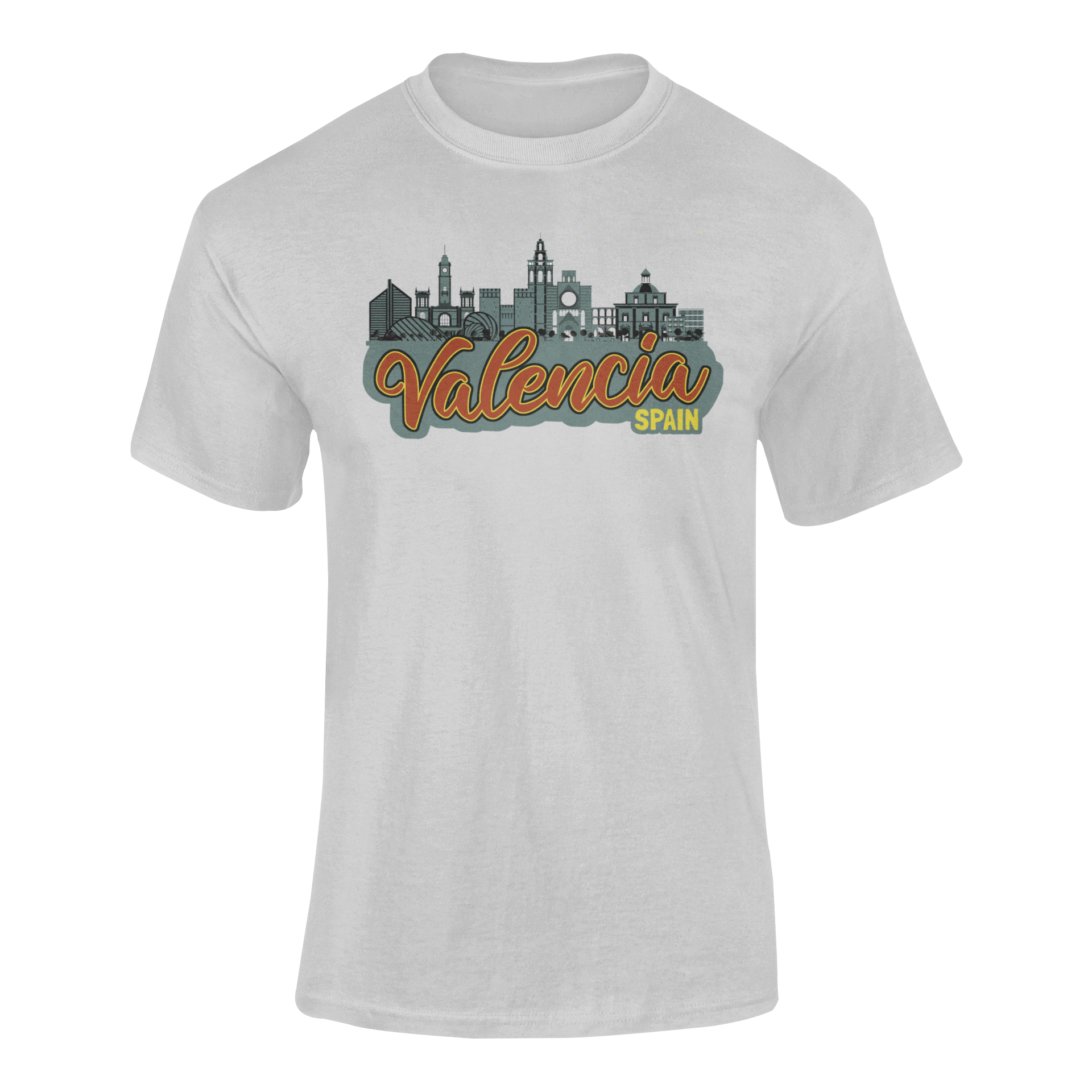 Camiseta gris claro con diseño llamativo del skyline de Valencia y el nombre Valencia destacado. Recuerdo único y sostenible para viajeros.