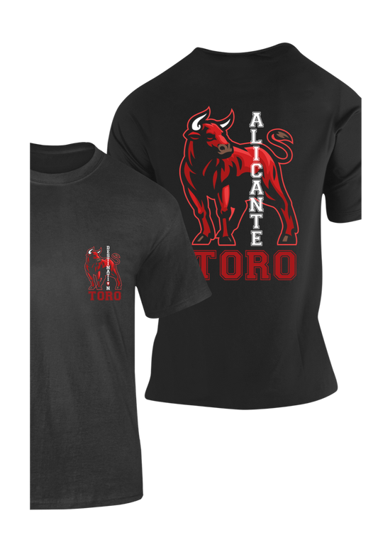 Camiseta negra de algodón con diseño gráfico de un toro rojo y los textos 'Alicante' y 'Toro'. Ideal como souvenir auténtico de Alicante.