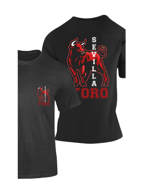 camiseta negra con toro rojo y la palabra sevilla en blanco. ideal para regalo como souvenir. 