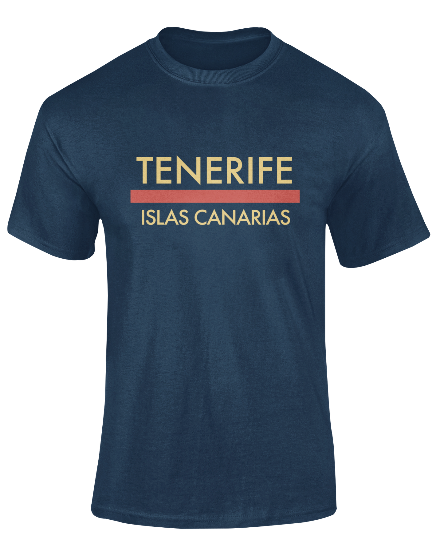 Camiseta Línea Roja Tenerife azul marino con texto "Tenerife Islas Canarias" en crema y línea roja – Destination.es