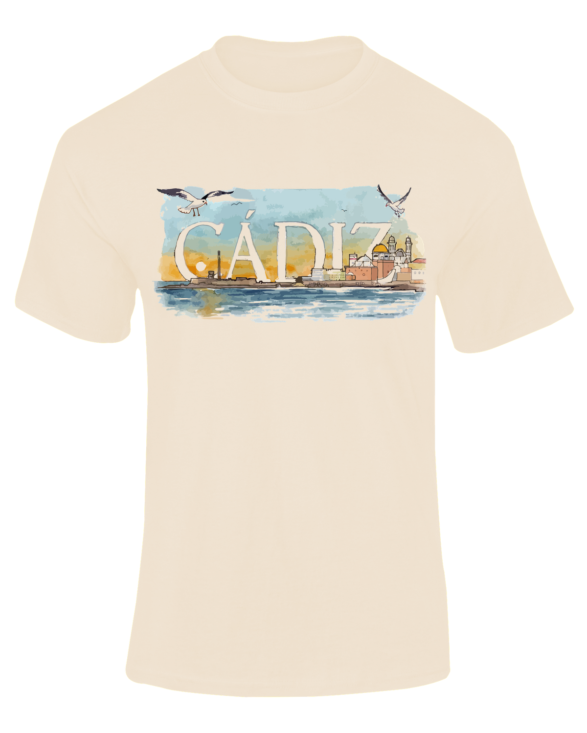 Camiseta Cádiz color natural con ilustración acuarela de la ciudad y gaviotas