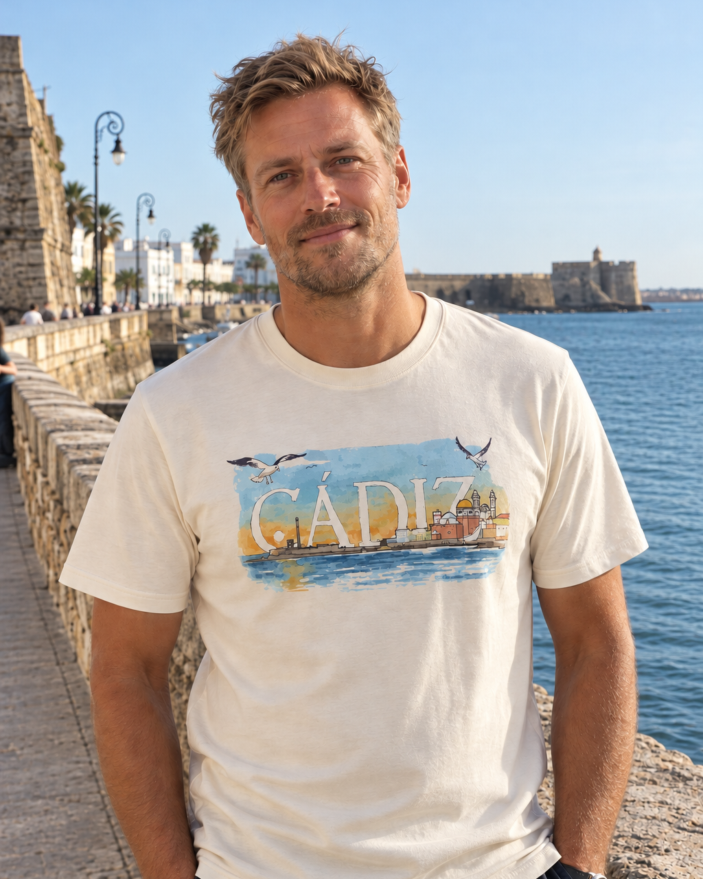 Modelo masculino con camiseta Cádiz color natural, diseño Acuarela Cádiz